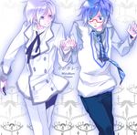  2boys alternate_costume alternate_outfit blue_hair buttons dual_persona formal glasses hand_holding kaito male male_focus multiple_boys nail_polish necktie project_diva project_diva_(series) project_diva_2nd school_uniform short_hair smile suit sweatdrop tie uniform vocaloid 