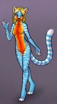  blonde_hair blue_eyes cat cute feline female hair long_hair mammal nude solo standing stripes sunset_(character) 