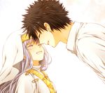  1girl closed_eyes face-to-face forehead-to-forehead habit index kamijou_touma long_hair robe safety_pin sani_(nmk_sunny) silver_hair smile to_aru_majutsu_no_index 