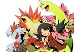  1girl 1girls 2boys animal crystal_(pokemon) female gold_(pokemon) hat male multiple_boys plain_background pokemon pokemon_special silver_(pokemon) simple_background twintails walking white_background 