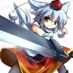  animal_ears hat inubashiri_momiji kimagure_ringo red_eyes silver_hair solo sword tail tokin_hat touhou weapon wolf_ears 
