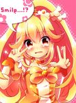  blonde_hair bow choker cure_peace double_v eyelashes hair_flaps hair_ornament kise_yayoi orange_(color) orange_choker pink_background precure skirt smile_precure! solo tears urara_(sumairuclover) v wide_ponytail yellow_bow yellow_eyes yellow_skirt 