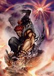  arm_wrap bared_teeth beads dark_skin dark_skinned_male glowing glowing_eye gouki highres male_focus muscle official_art prayer_beads red_eyes red_hair rope sharp_teeth solo spiked_hair street_fighter street_fighter_x_tekken teeth topknot volcano 