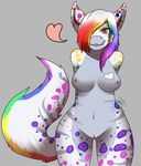  anthro breasts feline female foxninja1337 grimmgin hair_over_eye hybrid leopard looking_at_viewer mammal nipples nude piercing pussy rainbow rainbow_spots rainbow_tail rayne red_eyes smile solo standing tacoyaki unknown_species velocelox wide_hips 