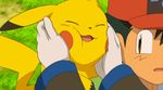  1boy animated animated_gif child lowres official_art pikachu pokemon pokemon_(anime) satoshi_(pokemon) squeezing_cheeks 