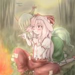  &gt;_&lt; :d ;) all_fours aosiro-michi bamboo bamboo_forest blush boots campfire cheek-to-cheek closed_eyes cup dress drinking drunk ex-keine fire fog forest fujiwara_no_mokou grass green_hair grey_hair grin hand_on_head horns kamishirasawa_keine long_dress multiple_girls nature navel on_floor one_eye_closed open_mouth outdoors pants reeds shirt sitting smile suspenders swamp tail touhou xd 