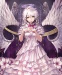  angel angel_wings dress earrings flower frown green_eyes halo hands_clasped jewelry jname nail_polish original own_hands_together ribbon silver_hair single_earring sky slit_pupils solo star_(sky) starry_sky statue veins wings 