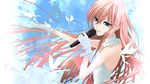  bare_shoulders blue_eyes dress floating_hair gloves highres holding long_hair megurine_luka microphone music naoto pink_hair singing solo upper_body very_long_hair vocaloid wavy_hair white_dress wind 