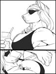  beverage big_breasts black_and_white breasts canine cleavage clothed clothing eyewear female hair line_art long_hair lying macro male mammal max_blackrabbit micro monochrome on_back plain_background size_difference straw sunglasses wolf 