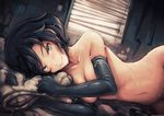  afterglow bad_deviantart_id bad_id bed black_gloves black_hair blush breasts cleavage closed_mouth collarbone cradle-song elbow_gloves face gloves green_eyes groin light_smile looking_at_viewer lying medium_breasts naughty_face navel nude on_side pillow rell_finch saimon_ma short_hair smile solo sweat tsurime watermark web_address wide_hips window 