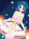  bad_id bad_pixiv_id bare_shoulders blue_eyes blue_hair breasts bridal_gauntlets crotchless_panties dress dutch_angle highres nipple_ribbon no_bra no_panties open_clothes original panties pussy short_hair small_breasts solo tanuxu thighhighs uncensored underwear wreath 