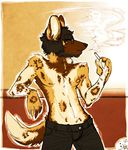  african_wild_dog canine cigarette eyewear glasses male mammal nipples semi-colon smoke smoking solo topless wild_dog 