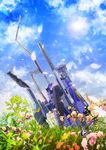  bad_pixiv_id bird blue_sky bug butterfly cloud damaged day flower from_ground grass insect key-chang lens_flare no_humans petals rvr-02b_brigandine sky space_craft starfighter sun thunder_force thunder_force_v 