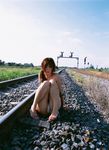  bikini butterfly dress highres hoshino_aki open_clothes open_dress photo railroad_tracks swimsuit train_tracks 