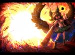  arm_cannon ayakashi_(monkeypanch) black_hair black_sun bow breasts cape fire flame glowing glowing_eyes hair_bow index_finger_raised letterboxed long_hair medium_breasts open_mouth red_eyes reiuji_utsuho skirt smile solo sun third_eye touhou weapon wings 