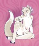  albino anthro breasts claws clitoris dreadlocks female flat_chested mammal marsupial nude pink_background pink_eyes pinup plain_background pose pouch pussy quoll rose_quoll rosequoll small_breasts solo spots 