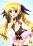  black_gloves blonde_hair blush diesel-turbo fate_testarossa gloves hair_ribbon long_hair lyrical_nanoha mahou_shoujo_lyrical_nanoha mahou_shoujo_lyrical_nanoha_the_movie_1st open_mouth red_eyes ribbon smile solo thighhighs twintails v very_long_hair 