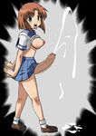  1girl artist_request blue_eyes blush breasts brown_hair cum ejaculation erection foreskin full_body futanari handsfree_ejaculation higurashi_no_naku_koro_ni nipples no_bra open_mouth penis ryuuguu_rena school_uniform schoolgirl shirt_lift skirt skirt_lift solo tongue tongue_out uncensored uniform when_they_cry 