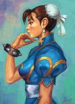  bracelet brown_eyes brown_hair bun_cover china_dress chinese_clothes chun-li dress earrings from_side jewelry kveldulv sash solo spiked_bracelet spikes street_fighter 