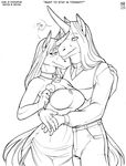  &hearts; big_breasts black_and_white breasts cleavage clothed clothing couple dress duo equine eye_contact eyewear female hair horn horse hyenafur karl_von_einhorn_(character) line_art long_hair looking_at_each_other male mammal max_blackrabbit monochrome neysa pants shirt smile standing sunglasses tail unicorn 
