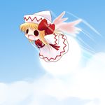  blonde_hair blue_sky blush bow chibi cloud day dress hat hat_ribbon highres lily_white open_mouth ribbon rocket sky smile solid_circle_eyes solo touhou white_dress wings yume_shokunin 