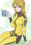  anchor arm_support blonde_hair bodysuit crossdraw_holster cup holding holster insignia kujira_gunsou long_hair md5_mismatch military military_uniform mori_yuki mug science_fiction smile solo uchuu_senkan_yamato uchuu_senkan_yamato_2199 uniform yellow_bodysuit 