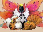  blue_eyes claws eyes_closed fire flames growlithe joltik lying no_humans pokemon simple_background volcarona vulpix wings 