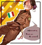  ahoge alternate_color axis_powers_hetalia brown_hair flag hand_in_pocket hat italy_(hetalia) madoi madoi_(artist) male male_focus northern_italy_(hetalia) short_hair smile solo 