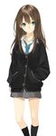  aqua_eyes brown_hair cardigan earrings hand_in_pocket highres idolmaster idolmaster_cinderella_girls jewelry kneehighs looking_at_viewer necklace necktie pleated_skirt school_uniform senmu shibuya_rin simple_background skirt solo 