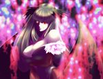  bangs bare_shoulders bat_wings blunt_bangs breasts demon_girl feathers head_wings large_breasts lipstick long_hair makeup morrigan_aensland pantyhose red_eyes slit_pupils smile solo succubus tsugaru_(55016000) vampire_(game) wings 