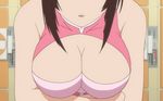  1girl animated animated_gif areolae arms_up black_hair bouncing_breasts breasts cleavage highres huge_breasts large_breasts musubi nipples no_bra sekirei solo source_request standing undressing 