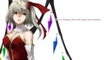  alternate_costume bare_shoulders blonde_hair breasts cleavage detached_collar dress elbow_gloves english fang flandre_scarlet gloves hat medium_breasts muchakushoku older parted_lips red_dress red_eyes red_ribbon ribbon side_ponytail simple_background solo text_focus touhou white_background white_gloves wings 