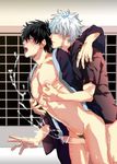  2boys anal black_hair bottomless censored character_request cum cum_while_penetrated ejaculation erection gintama handsfree_ejaculation hijikata_toushirou male male_focus multiple_boys muscle nipple_tweak nipples open_clothes open_mouth penis pubic_hair sakata_gintoki source_request testicles tongue tongue_out white_hair yaoi 