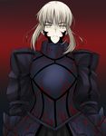  armor armored_dress artoria_pendragon_(all) black_armor blonde_hair dress fate/stay_night fate_(series) highres pale_skin puffy_sleeves saber_alter sidelocks solo tusia white_hair yellow_eyes 