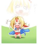  &gt;_&lt; :d alternate_costume blonde_hair bow chibi closed_eyes cup fang gym_uniform horn hoshiguma_yuugi multiple_girls name_tag o_o open_mouth rumia sakazuki smile tears totosu touhou touhou_ningyougeki xd 