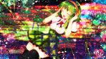  alternate_costume alternate_outfit checkered eyes_closed female green_hair gumi headphones open_mouth sazanami_shione shirt short_hair short_sleeves thighhighs vocaloid 