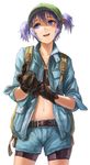  alternate_costume backpack bad_id bad_pixiv_id bag belt bike_shorts black_gloves blue_eyes blue_hair gloves hair_bobbles hair_ornament hat jacket kawashiro_nitori kurione_(zassou) looking_away midriff navel short_hair shorts simple_background sleeves_pushed_up smile solo sports_bra touhou twintails white_background zipper 