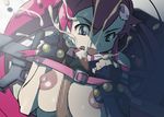  1girl areolae breast_squeeze breasts censored cum ejaculation facial fingerless_gloves gloves highres ice_place large_breasts long_hair looking_down lying nipples open_mouth paizuri penis ponytail red_hair scarf sweatdrop tengen_toppa_gurren_lagann weapon yoko_littner 