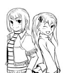  back-to-back cynthia_the_mission dual_persona greyscale hair_ribbon monochrome multiple_girls one_eye_closed ribbon shimizu_hotaru shiroobi_(whitebeltmaster) short_hair side_ponytail skirt smile striped striped_sweater sweater teenage time_paradox turtleneck vest younger 