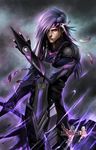  absurdres armor bodysuit caius_ballad copyright_name feathers final_fantasy final_fantasy_xiii final_fantasy_xiii-2 glowing glowing_eyes headband highres logo long_hair male_focus ninjatic purple_hair realistic red_eyes solo sword weapon 