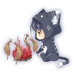  animal_costume animal_ears black_hair campfire cat_ears cat_tail chibi eiyuu_densetsu fire fish full_body hood joshua_astray male_focus saru sitting solo sora_no_kiseki tail white_background yellow_eyes 