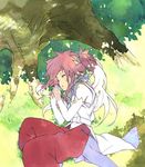  arche_klein belt closed_eyes elbow_gloves feet_out_of_frame fetal_position gloves grass horiguchi_yukiko lying on_side outdoors pants pink_hair pink_pants shirt side_ponytail sleeping sleeveless sleeveless_shirt solo tales_of_(series) tales_of_phantasia tree tree_shade twintails under_tree 