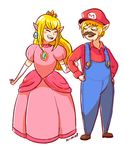  1girl blush closed_eyes company_connection cosplay crown dress earrings elbow_gloves facial_hair gloves hat jewelry link long_hair mario mario_(cosplay) mario_(series) mustache omocat pink_dress pointy_ears princess_peach princess_peach_(cosplay) princess_zelda smile super_mario_bros. the_legend_of_zelda 