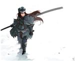  armor baggi_(armor) brown_hair buckle freckles hat huge_weapon long_hair monster_hunter monster_hunter_3 ootachi open_mouth purple_eyes shaun_healey signature simple_background snow solo sword weapon 