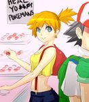  1girl backpack bag bare_shoulders baseball_cap blue_eyes breasts cleavage crop_top fingerless_gloves gloves hat holding holding_poke_ball kasumi_(pokemon) magister_(medical_whiskey) medium_breasts midriff orange_hair poke_ball pokemon pokemon_(anime) pokemon_(classic_anime) satoshi_(pokemon) shorts side_ponytail sketch suspenders 