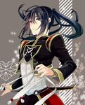  alternate_costume alternate_hairstyle black_hair grey_background long_hair male_focus ponytail poppo purple_eyes scabbard sheath shirt smile solo tales_of_(series) tales_of_vesperia yuri_lowell 