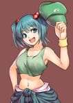  :d bare_shoulders blue_eyes blue_hair hair_bobbles hair_ornament hat hat_removed headwear_removed highres holding holding_hat kawashiro_nitori level.21 midriff navel open_mouth short_hair smile solo tank_top touhou wristband 