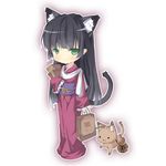  animal_ears bag black_hair cat cat_ears cat_tail chibi eiyuu_densetsu full_body green_eyes japanese_clothes kimono kirika_rouran long_hair no_nose saru smile solo sora_no_kiseki tail white_background 