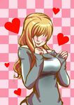  :p absurdres bare_shoulders birdsong blonde_hair blush breasts casual checkered checkered_background hair_over_eyes heart highres large_breasts naughty_face rachael_foley resident_evil resident_evil_revelations sleeves_past_wrists solo sweater tongue tongue_out 