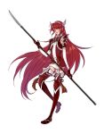  1girl boots breasts dress elbow_gloves fire_emblem fire_emblem_if full_body garter_straps gloves hairband kmkr long_hair looking_at_viewer matoi_(fire_emblem_if) nintendo open_mouth polearm red_eyes red_footwear red_hair red_legwear short_dress shoulder_armor simple_background small_breasts solo spear thigh_boots thighhighs weapon white_background winged_hair_ornament zettai_ryouiki 